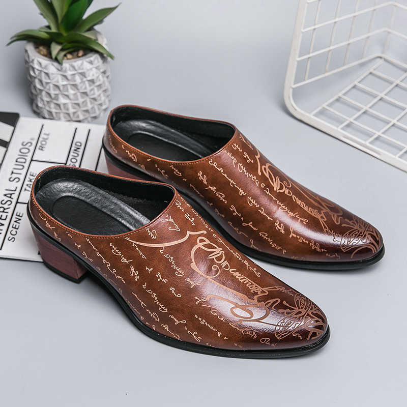 Men Shoes Office - Men Brown Leather Mules Slippers Retro